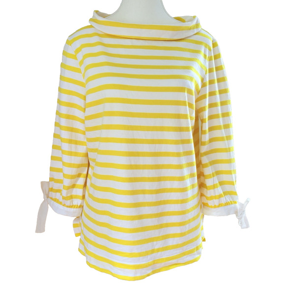 TALBOTS Striped Cotton Boat Neck Tie Sleeves Sabrina Top Yellow White M Preppy - Picture 2 of 10